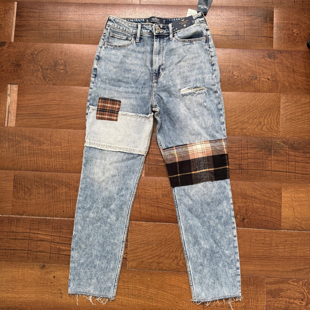 Hollister Mom Jeans Womens 3R Blue Ultra High Rise Mom Plaid Patch Distressed